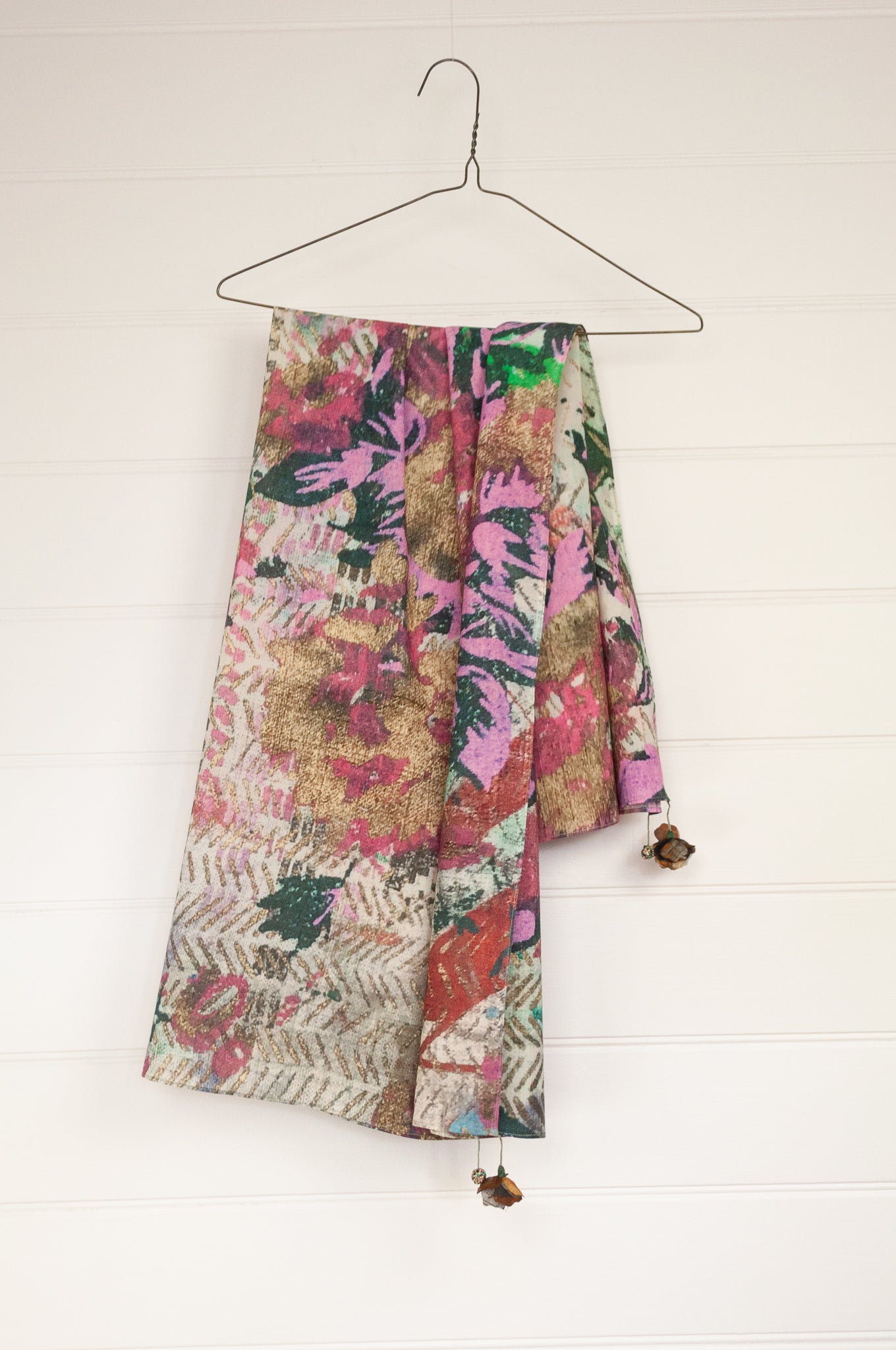 Yavï fine pure cotton impressionist print square scarf, floral print in pink, turquoise and ecru.