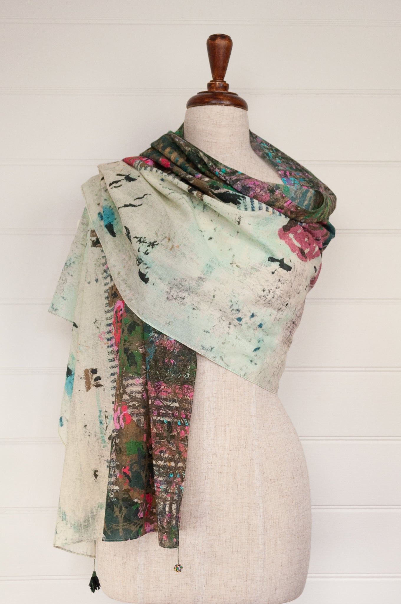 Yavï fine pure cotton impressionist print long scarf, floral print in pink, turquoise and ecru.