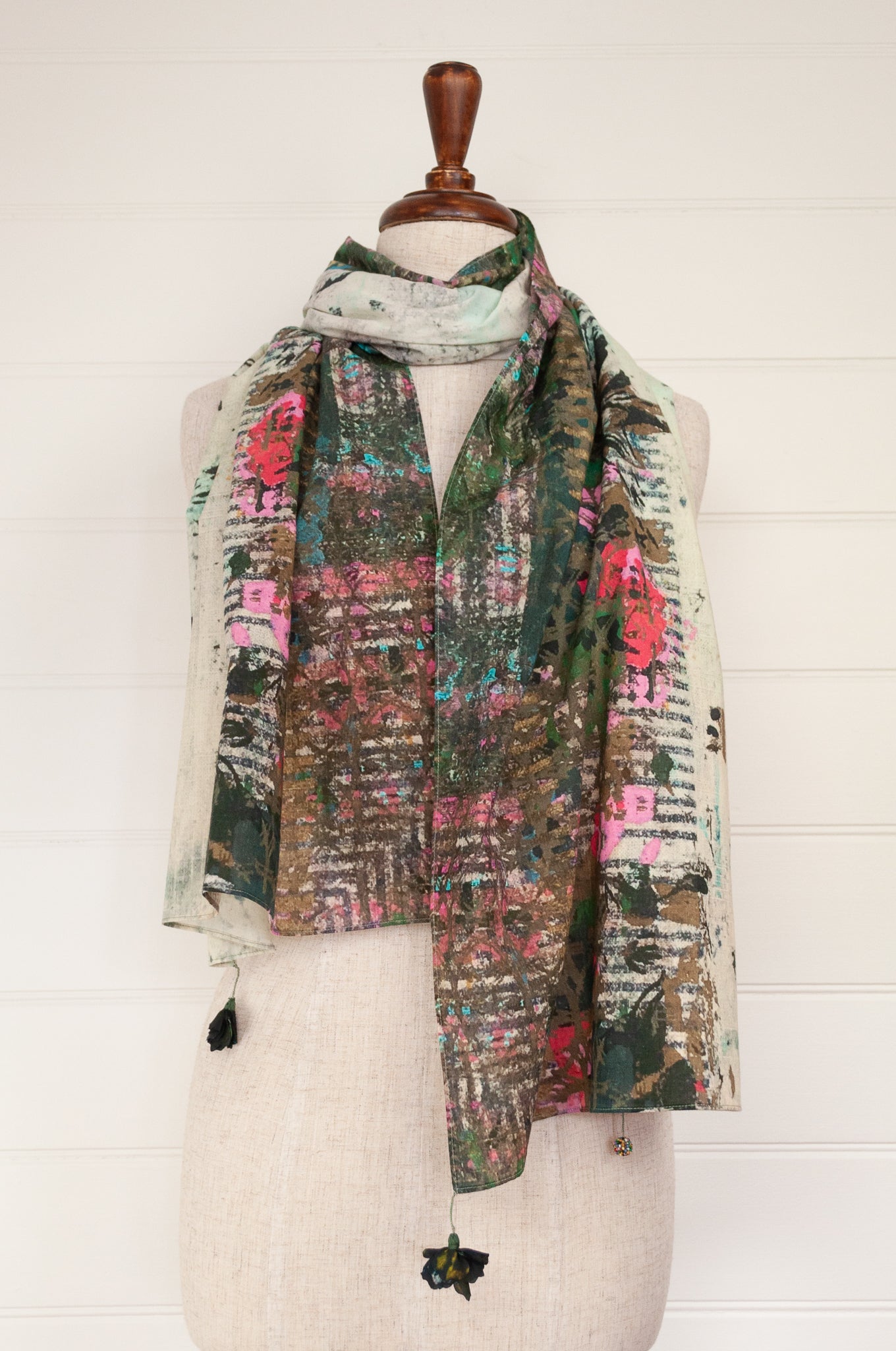 Yavï fine pure cotton impressionist print long scarf, floral print in pink, turquoise and ecru.