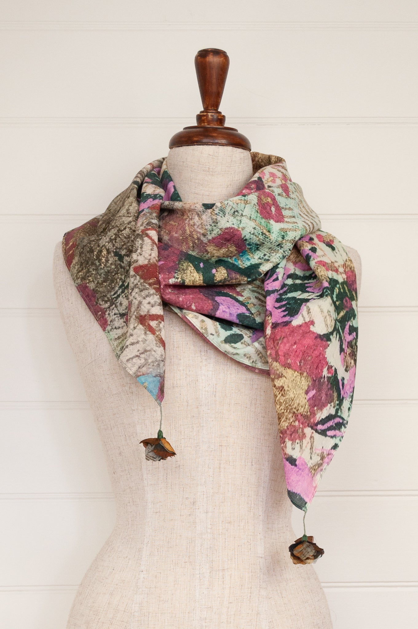 Yavï fine pure cotton impressionist print square scarf, floral print in pink, turquoise and ecru.
