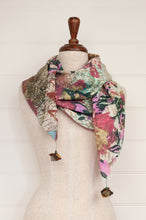 Load image into Gallery viewer, Yavï fine pure cotton impressionist print square scarf, floral print in pink, turquoise and ecru.