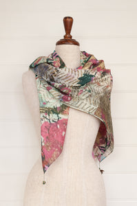 Yavï fine pure cotton impressionist print square scarf, floral print in pink, turquoise and ecru.