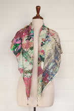 Load image into Gallery viewer, Yavï fine pure cotton impressionist print square scarf, floral print in pink, turquoise and ecru.