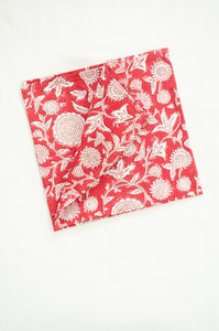 Ethically made artisan block print pure cotton napkin set, crimson red on white floral design with border.