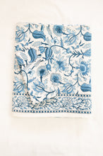 Load image into Gallery viewer, Ethically made artisan block print pure cotton table cloth, shades of blue on white floral design with border.