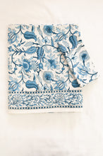 Load image into Gallery viewer, Ethically made artisan block print pure cotton table cloth, shades of blue on white floral design with border.