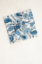 Load image into Gallery viewer, Ethically made artisan block print pure cotton napkin set, shades of blue on white floral design.