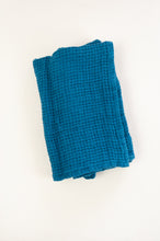 Load image into Gallery viewer, Waffle weave pure linen hand towel, made in Lithuania. In teal blue.