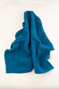 Waffle weave pure linen hand towel, made in Lithuania. In teal blue.