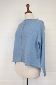 One size reversible cardigan ethically made in Nepal from 100% pure cashmere, in sky blue.