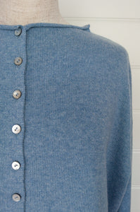 One size reversible cardigan ethically made in Nepal from 100% pure cashmere, in sky blue.