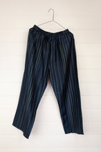 Load image into Gallery viewer, Maku Textiles indigo striped mulberry silk pyjama pants, loose fitting wide leg elastic waist.