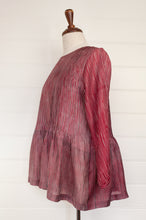 Load image into Gallery viewer, Juniper Hearth silk shibori Asha top with pin tucked bodice and long sleeves in deep raspberry red with pewter grey accents.