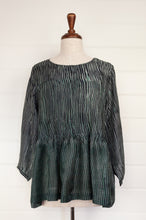 Load image into Gallery viewer, Juniper Hearth Asha top in deep marine, shibori dyed silk in shades of midnight navy and emerald green, long sleeve pintucked loose fitting round neck top.