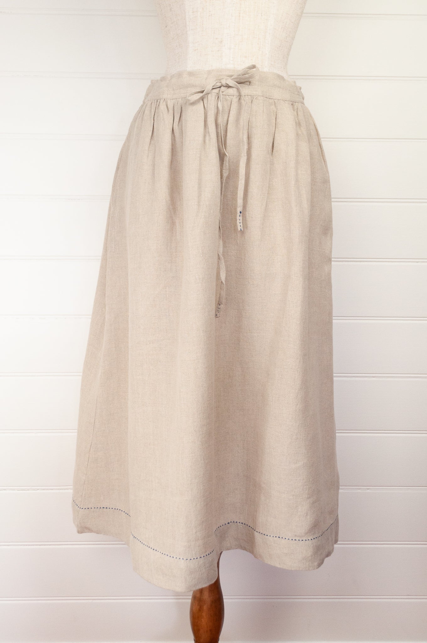 DVE Collection handloom natural linen one size Isha skirt, drawstring and elastic waist, side pockets.