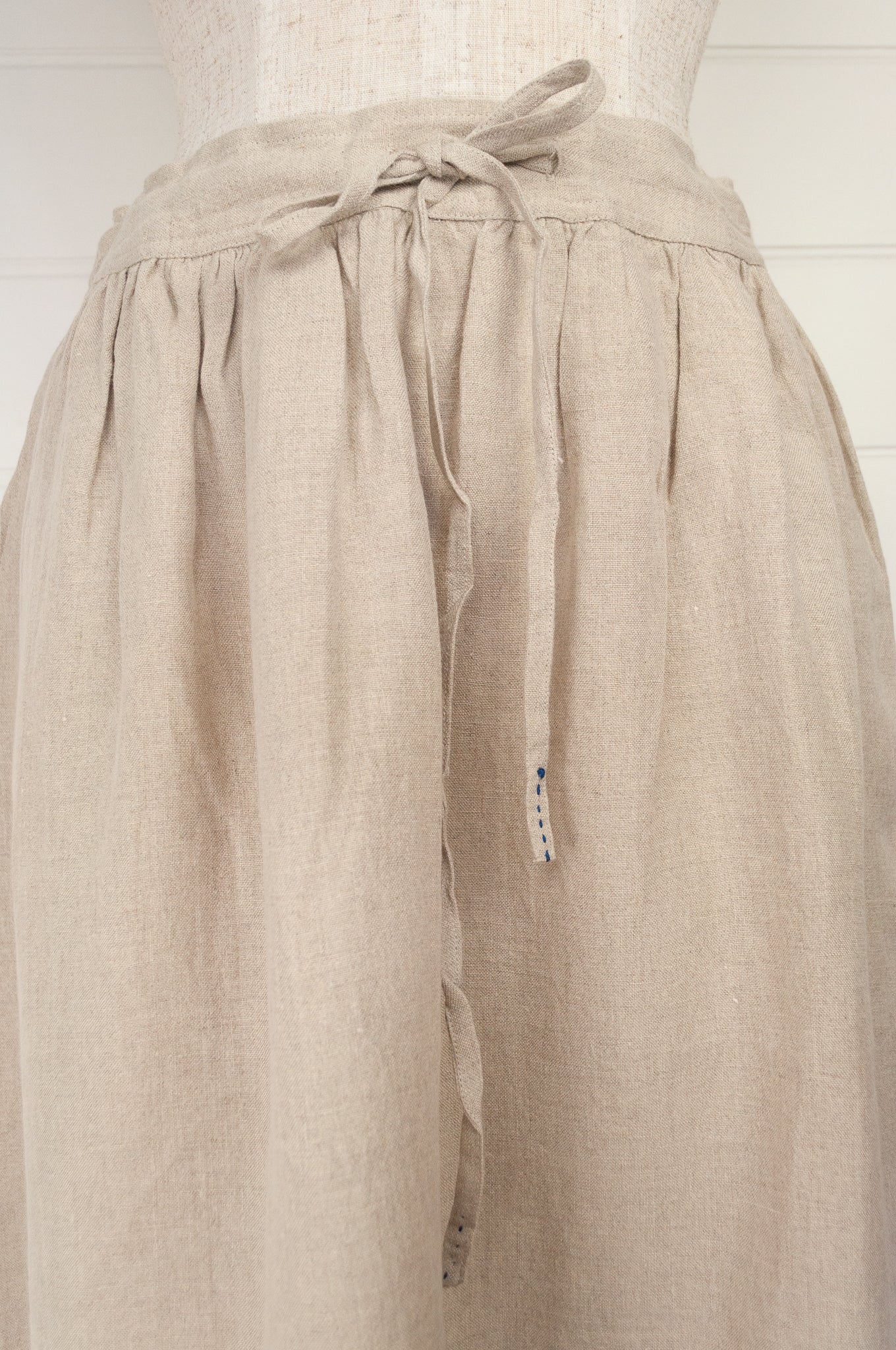 DVE Collection handloom natural linen one size Isha skirt, drawstring and elastic waist, side pockets.