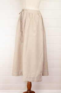 DVE Collection handloom natural linen one size Isha skirt, drawstring and elastic waist, side pockets.