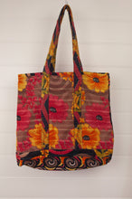 Load image into Gallery viewer, Vintage kantha tote bag, made from recycled cotton saris, in gold, red and black.