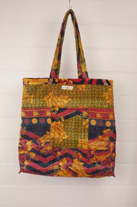 Vintage kantha tote bag, made from recycled cotton saris, in gold, red and black.