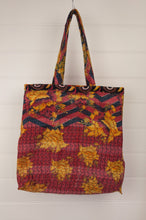 Load image into Gallery viewer, Vintage kantha tote bag, made from recycled cotton saris, in gold, red and black.