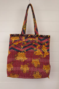 Vintage kantha tote bag, made from recycled cotton saris, in gold, red and black.