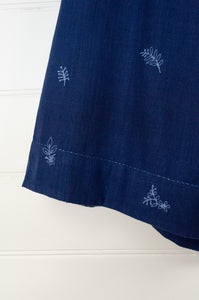 DVE Collection handloom indigo cotton one size Isha skirt, drawstring and elastic waist, side pockets, small hand embroidered flowers..