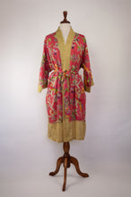 Load image into Gallery viewer, Cotton voile kimono robe dressing gown in coral bird print with yellow trim.
