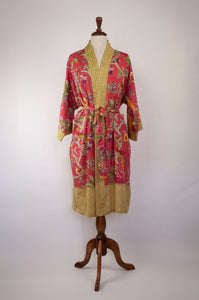 Cotton voile kimono robe dressing gown in coral bird print with yellow trim.