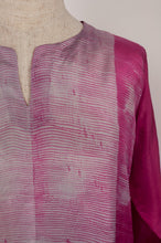 Load image into Gallery viewer, Pure silk shibori dyed kurta top in raspberry pink and silver grey, neck detail.