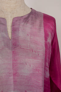 Pure silk shibori dyed kurta top in raspberry pink and silver grey, neck detail.