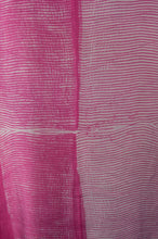 Load image into Gallery viewer, Pure silk shibori dyed kurta top in raspberry pink and silver grey, fabric detail.
