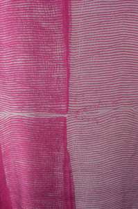 Pure silk shibori dyed kurta top in raspberry pink and silver grey, fabric detail.