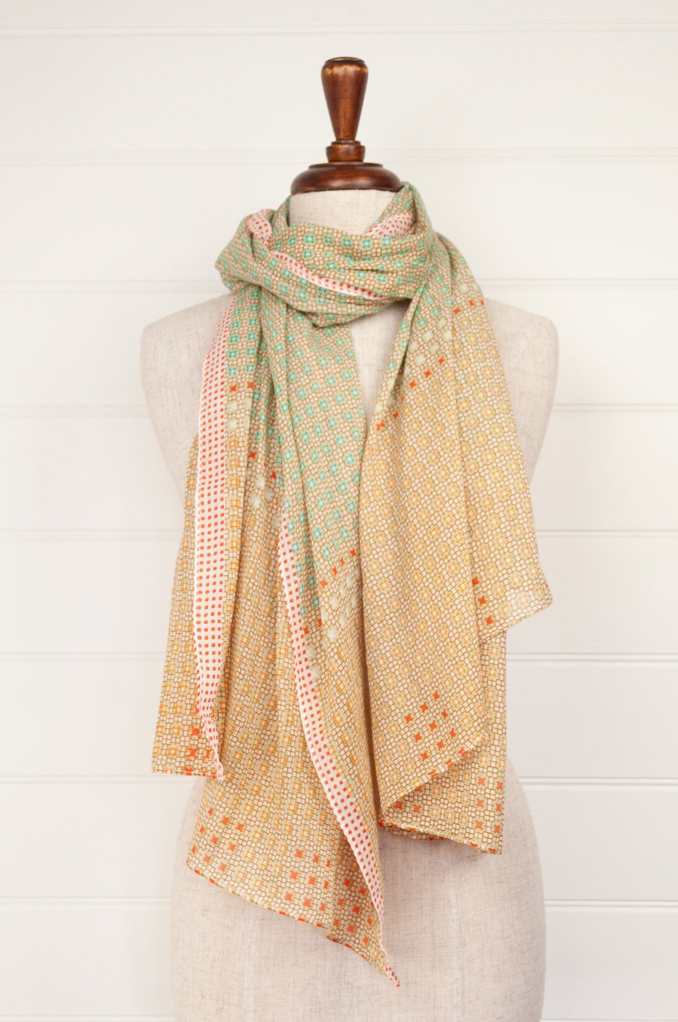 Anna Kaszer fine cotton voile scarf, geometric pattern in pale aqua, taupe and red geometric design.