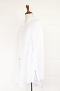 Banana Blue fine handkerchief linen white shirt, button up grandpa collar, long sleeve with gathered panels at sides.