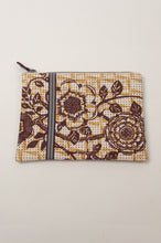 Load image into Gallery viewer, Anna Kaszer Polly pouch, geometric background in beige with yellow detail and brown flower print.