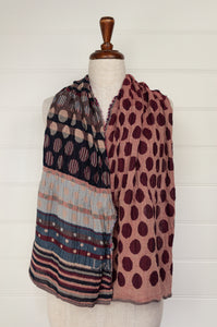 Made in France Létol organic cotton jacquard scarf,dots and stripes, in the style of Kusama, in a very French palette of deep red, ecru and marine blue.