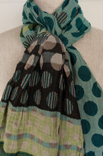 Load image into Gallery viewer, Made in France Létol organic cotton jacquard scarf,dots and stripes, in the style of Kusama, in chestnut brown and shades of turquoise with highlights in lime..
