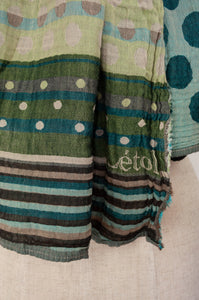 Made in France Létol organic cotton jacquard scarf,dots and stripes, in the style of Kusama, in chestnut brown and shades of turquoise with highlights in lime..