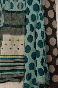 Made in France Létol organic cotton jacquard scarf,dots and stripes, in the style of Kusama, in chestnut brown and shades of turquoise with highlights in lime..