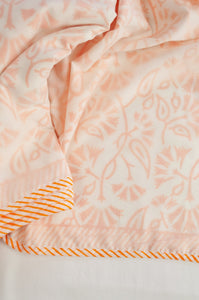 Saffron yellow and white floral block print blockprint dohar lightweight muslin bedcover.