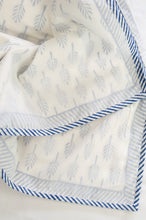 Load image into Gallery viewer, Indigo blue and white palm leaf pattern  block print blockprint dohar lightweight muslin bedcover.