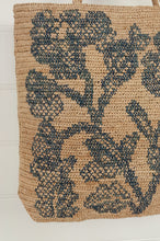 Load image into Gallery viewer, Sophie Digard crocheted raffia large square bag, teal floral embroidery on natural flax background.