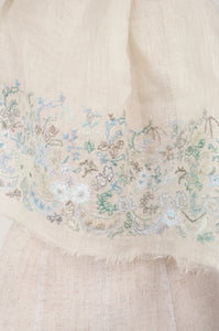 Sophie Digard embroidered linen stole Kaatje on fine ecru linen, floewrs in soft shades of blue and sage green.