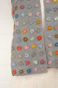 Sophie Digard medium size crochet scarf Ernestine multi colour flowers on a soft sage grey green checkboard base.