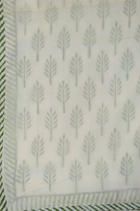 Cotton muslin dohar olive green on white, small palm tree print, blockprinted by hand in Jaipur.