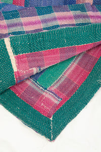 VIntage kantha quilt, heavier weight Odika, in stripes and checks in deep pink, blue, emerald green, teal and  purple.