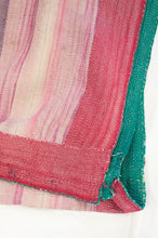Load image into Gallery viewer, Vintage kantha quilt Radha, heavier weight patchwork, stripes in rose pink, mint green and shades of mauve, emerald green and green check on the reverse.
