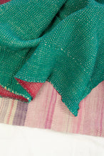 Load image into Gallery viewer, Vintage kantha quilt Radha, heavier weight patchwork, stripes in rose pink, mint green and shades of mauve, emerald green and green check on the reverse.