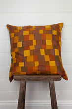 Load image into Gallery viewer, Vintage silk kantha square cushion with feather insert in shades of gold, mustard, olive and pumpkin orange.