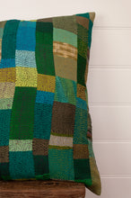 Load image into Gallery viewer, Vintage silk kantha square cushion is in shades of green, aqua, lime and sky blue.